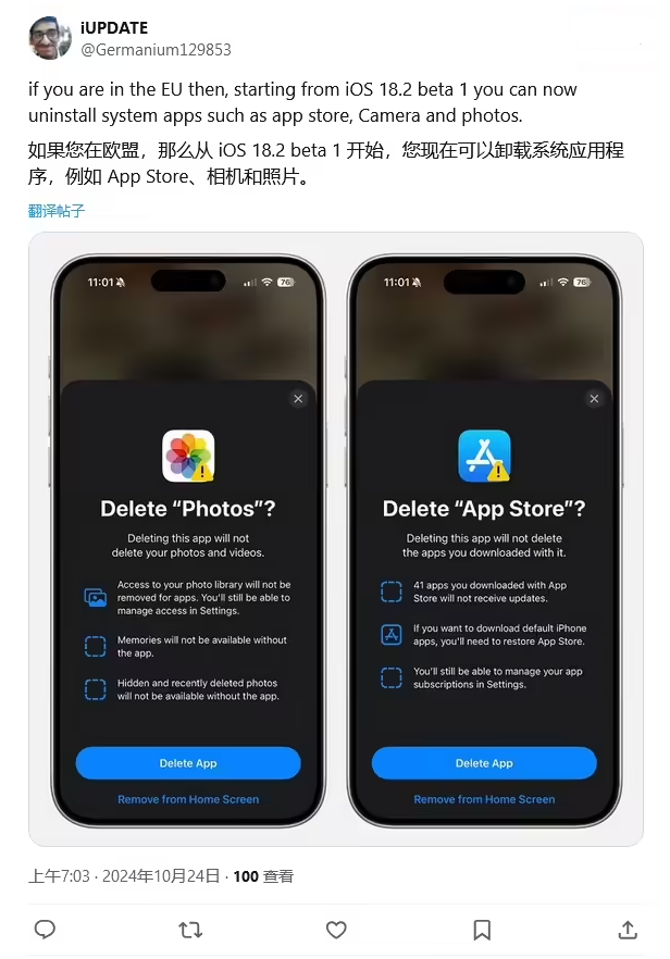 黑水苹果手机维修分享iOS 18.2 支持删除 App Store 应用商店 